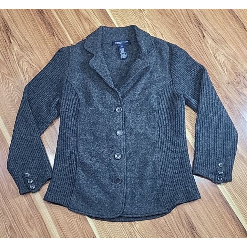 Jones New‎ York Wool Blend Cardigan Sweater Size Medium Button Grey Ribbed